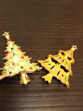 Gold And Silver Christmas Tree Brooches with Multicolor Rhinestones